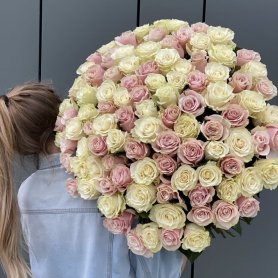 Бело-розовые розы 101 шт от интернет-магазина «Цветочный театр» в Набережных Челнах